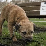 Border terrier chiot au parc, museau dans l’herbe