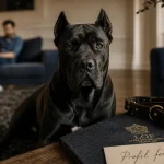 Cane corso femelle assise, regard vigilant, profil adoption