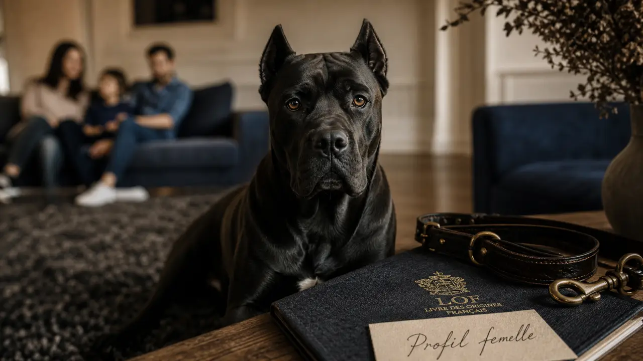 Cane corso femelle assise, regard vigilant, profil adoption