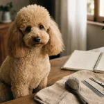 Caniche moyen toiletté, brosse et peigne, soins et éducation