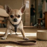 Caractere chihuahua : chiot vif et alerte en harnais, au ras du sol, près de son maître