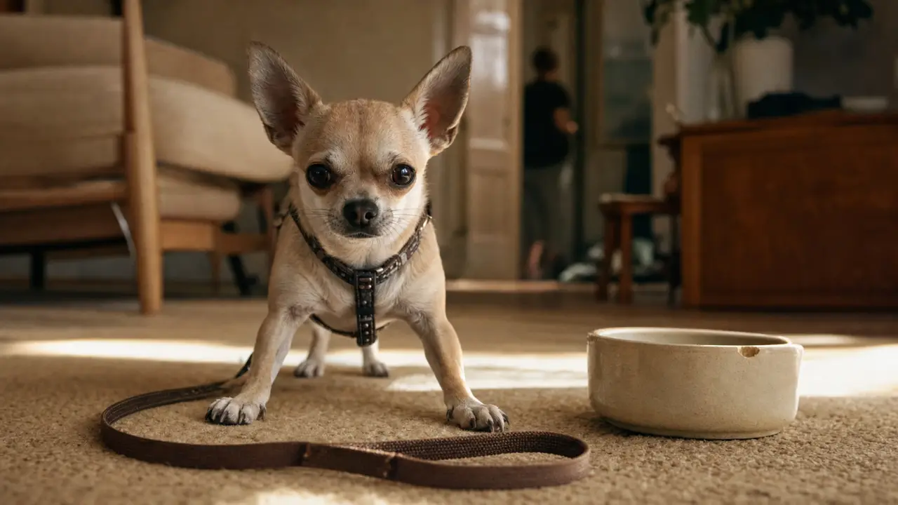 Caractere chihuahua : chiot vif et alerte en harnais, au ras du sol, près de son maître