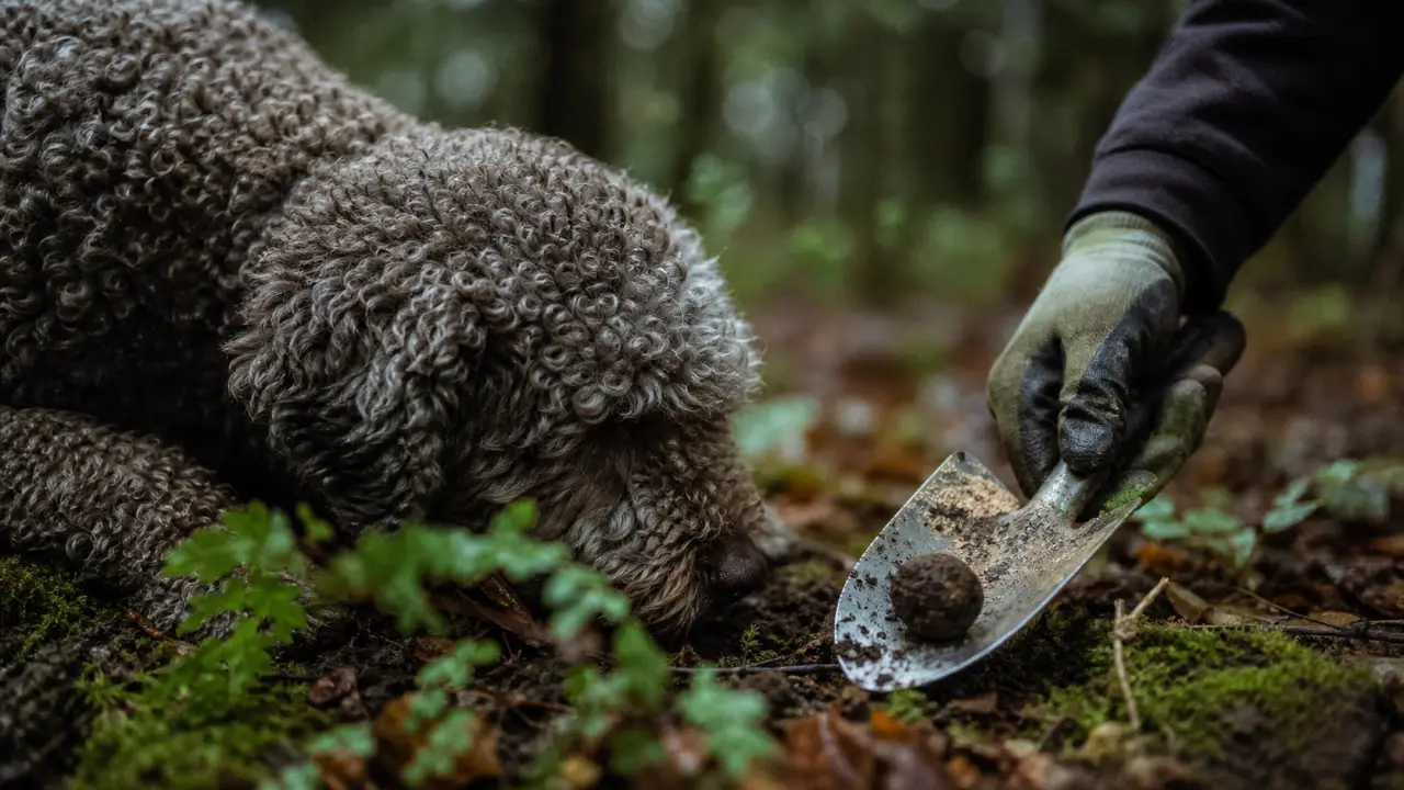 Chien d eau romagnol truffier frisé sous-bois humide
