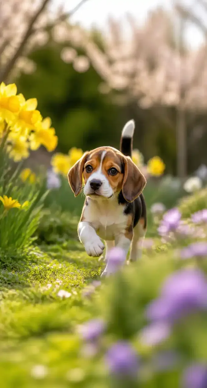 Chiot beagle explorant un jardin fleuri au printemps