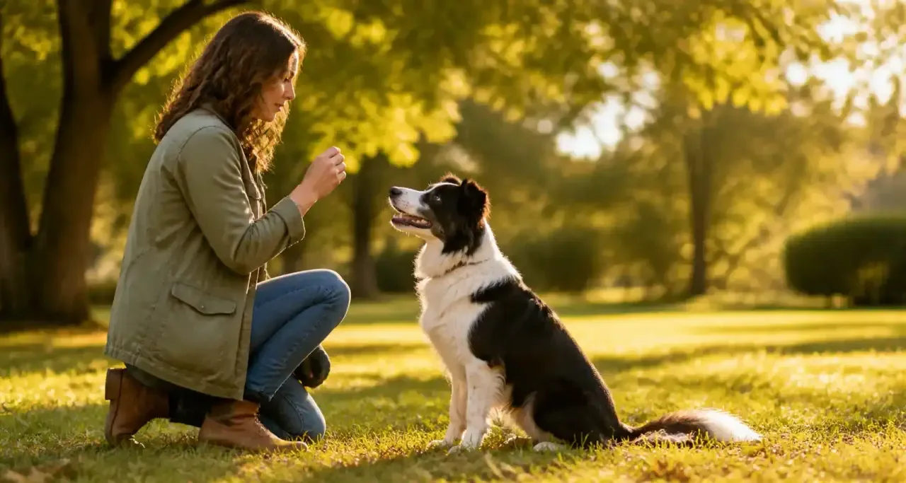 Border collie attentif pendant une s&eacute;ance d'&eacute;ducation positive dans un parc