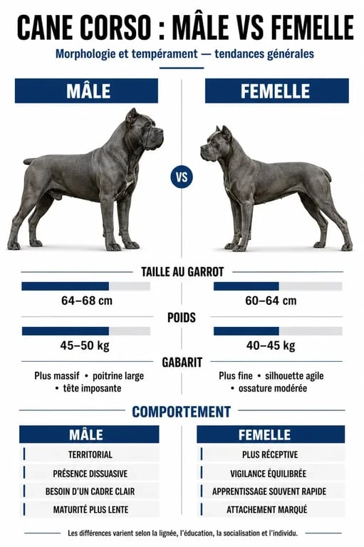 Infographie comparative des caractéristiques morphologiques et comportementales entre le mâle et la femelle Cane Corso