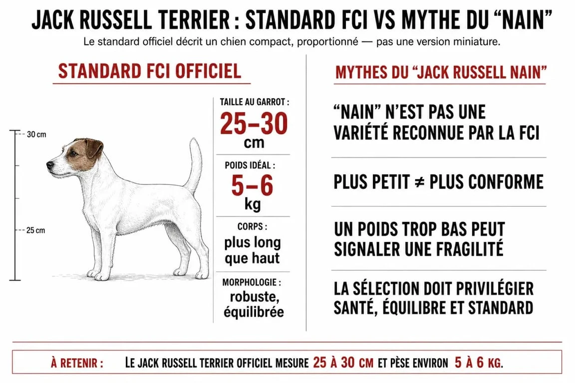 Infographie comparative des standards officiels du Jack Russell Terrier par rapport au mythe du Jack Russell nain