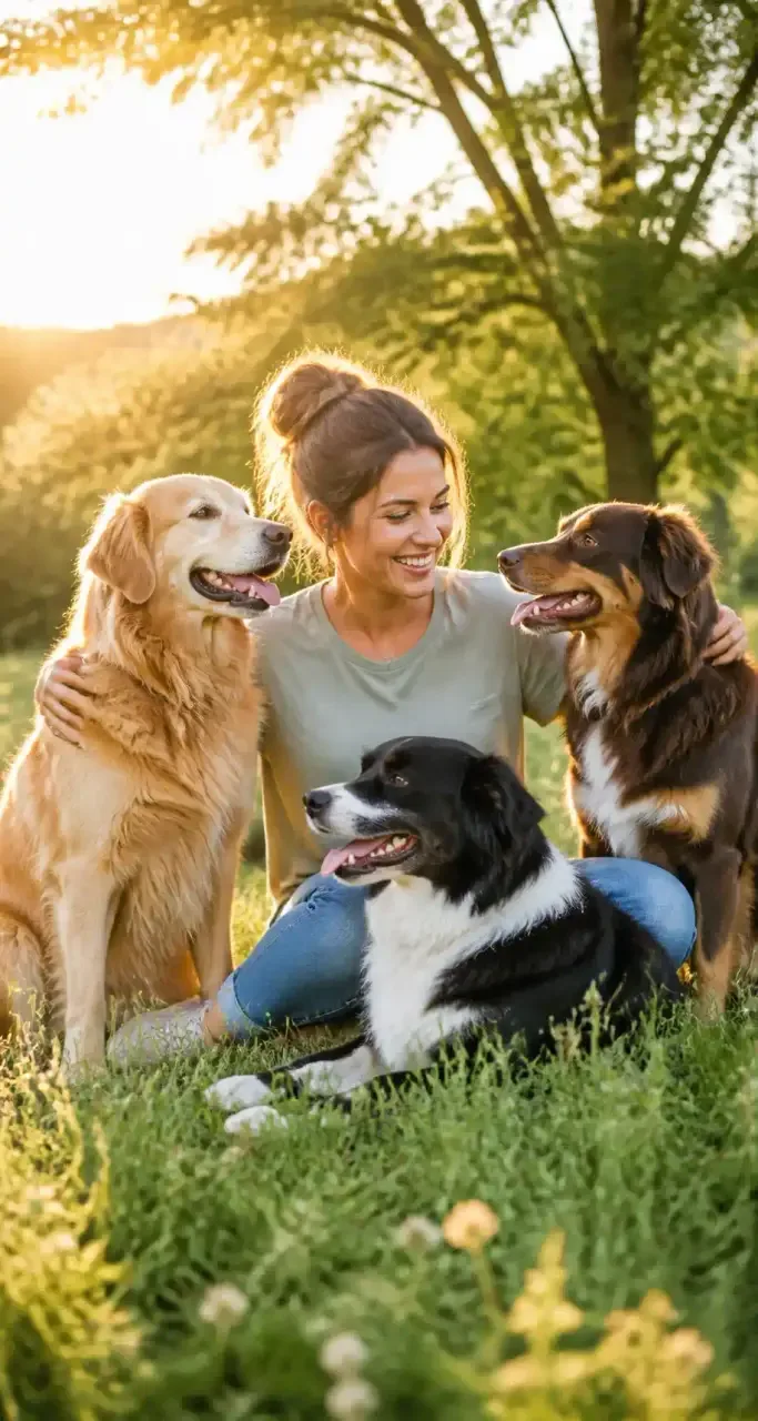 Femme complice avec trois chiens de races diff&eacute;rentes dans une prairie
