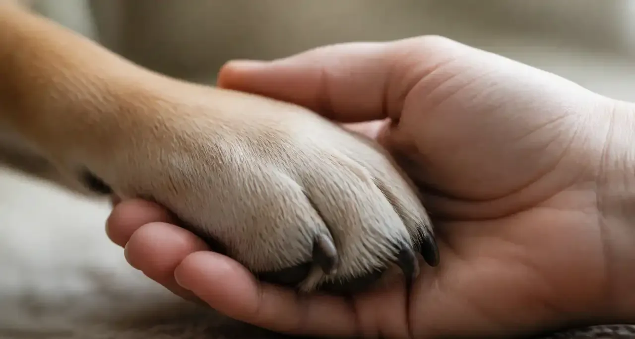 Patte de chien pos&eacute;e dans une main humaine, symbole du lien de confiance