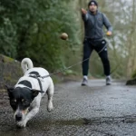 Jack russel caractere : Jack Russell noir et blanc court sur un sentier humide