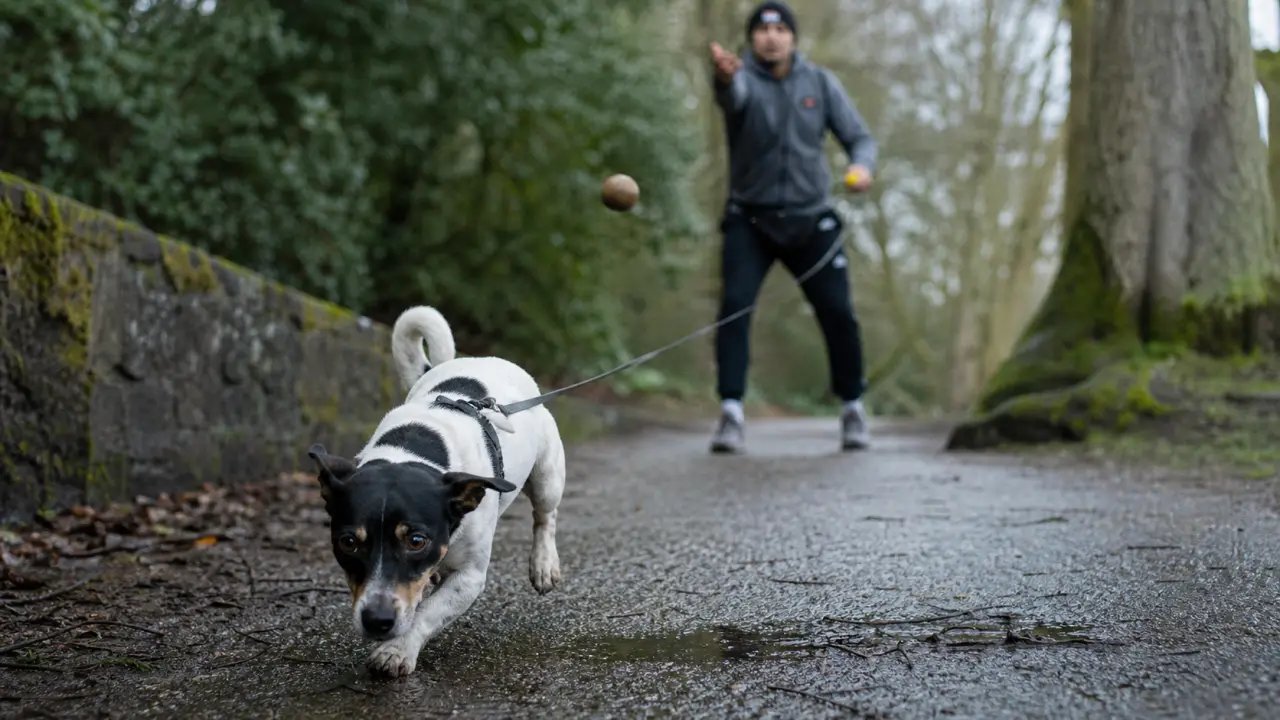 Jack russel caractere : Jack Russell noir et blanc court sur un sentier humide