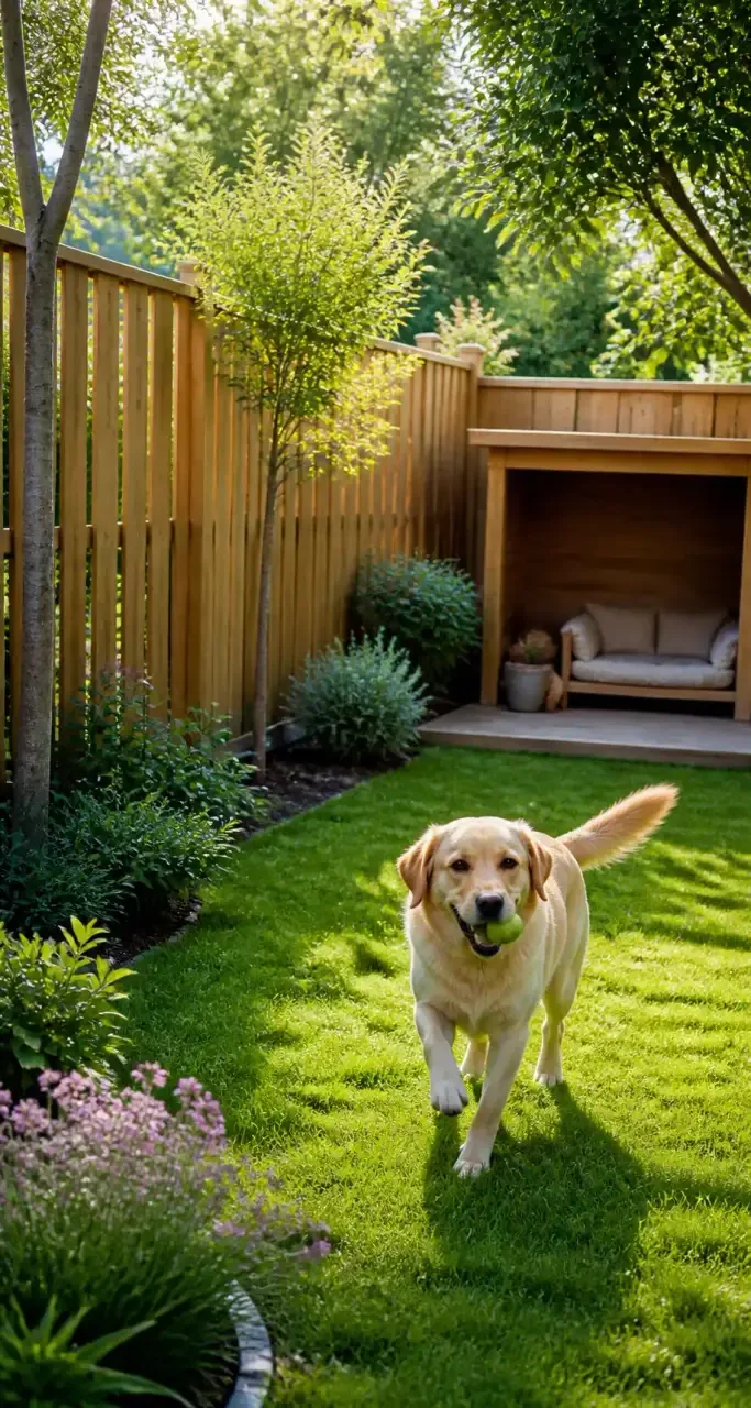 Jardin s&eacute;curis&eacute; par une cl&ocirc;ture en bois avec niche et labrador