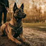 Malinois adulte sur chemin boueux, masque noir, tempérament et morphologie