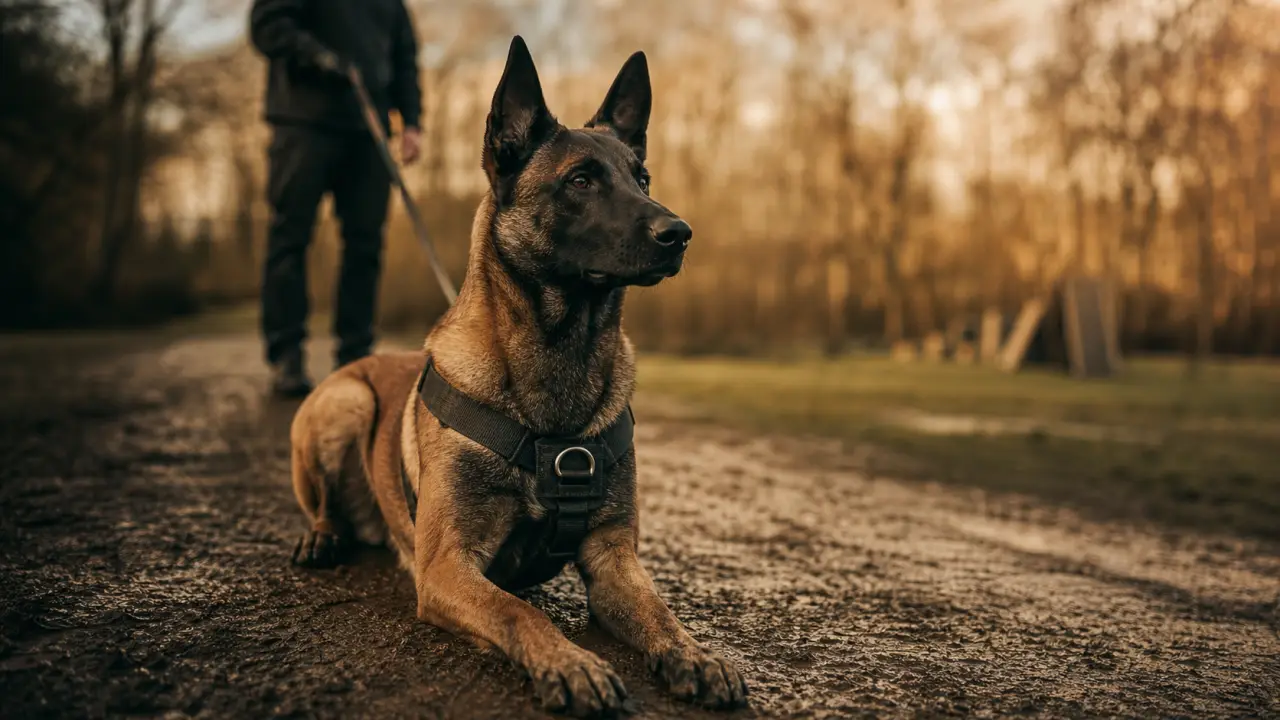 Malinois adulte sur chemin boueux, masque noir, tempérament et morphologie