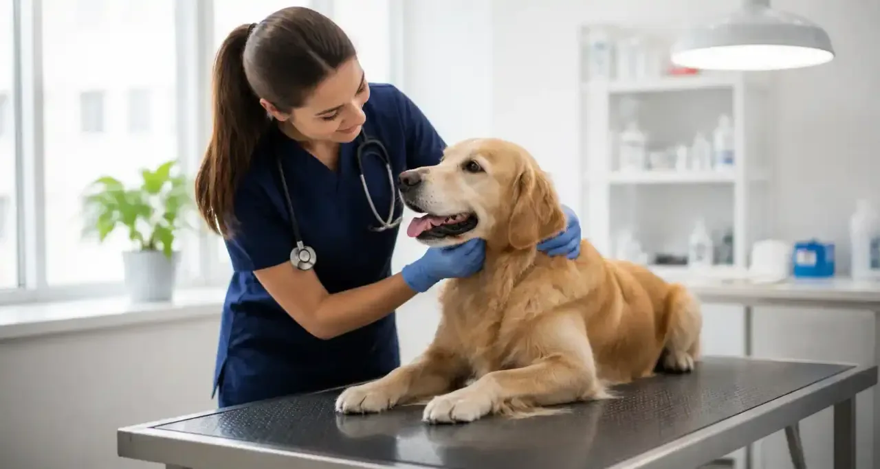 V&eacute;t&eacute;rinaire examinant un golden retriever lors d'une consultation de pr&eacute;vention