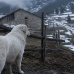 Berger podhale blanc regardant un sentier en montagne, poil long dense.