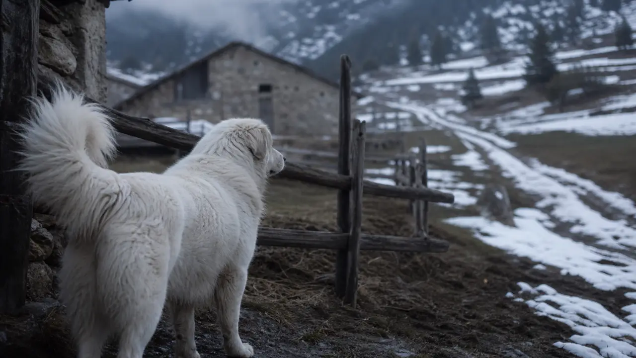 Berger podhale blanc regardant un sentier en montagne, poil long dense.