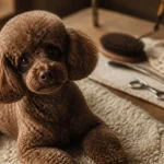 Caniche nain toiletté brun sur tapis crème