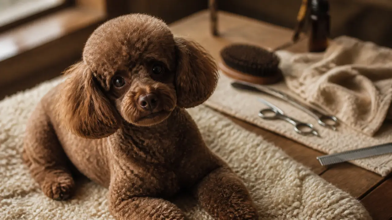 Caniche nain toiletté brun sur tapis crème