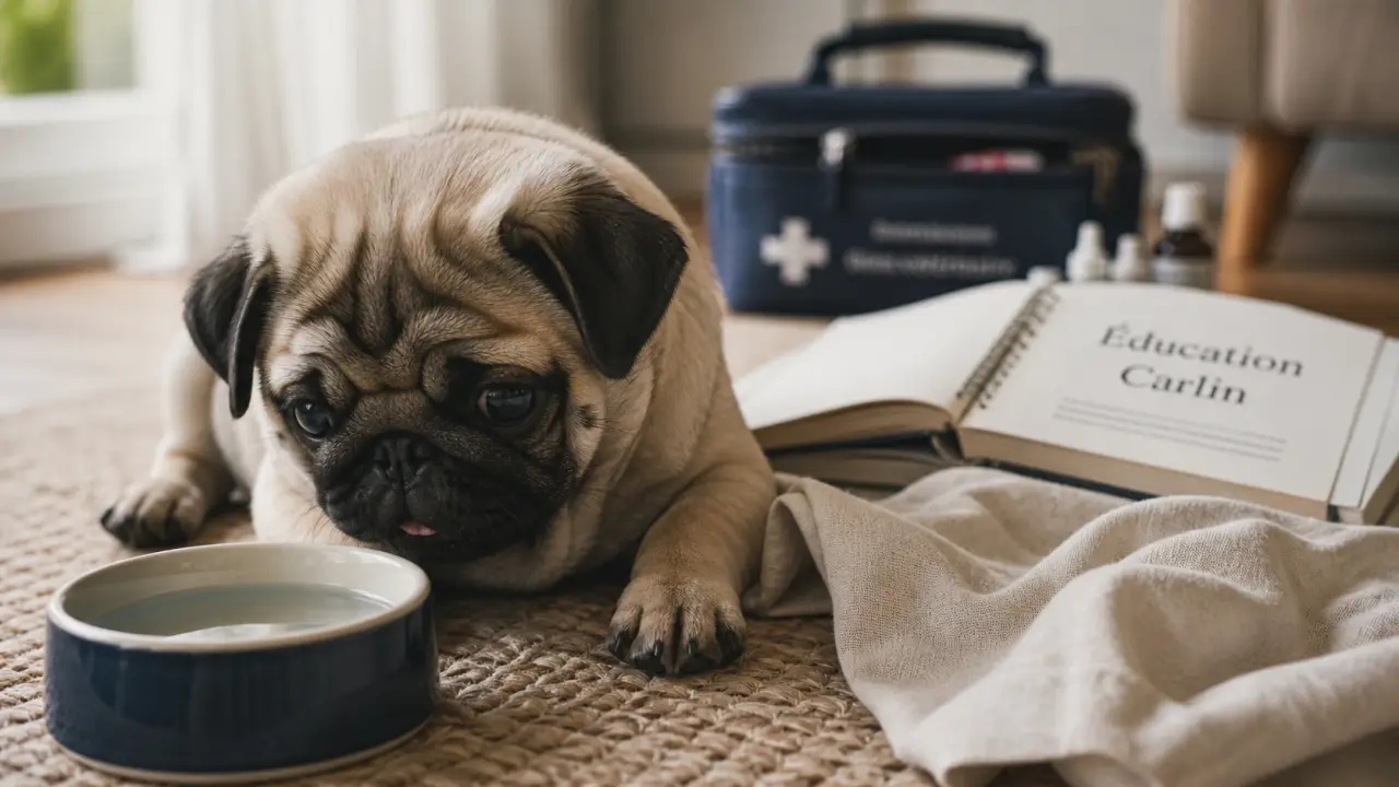 Carlin chiot en appartement, adorable et fragile près d’eau