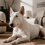 Chien bull terrier blanc, intérieur lumineux