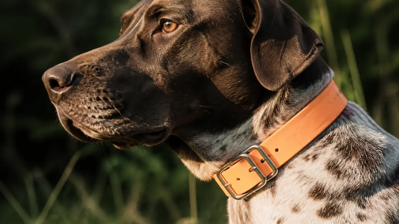 Collier chasse chien orange fluo : gravure tournée vers l’objectif