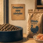 Croquettes carnilove chien sans céréales en gros plan avec gamelle