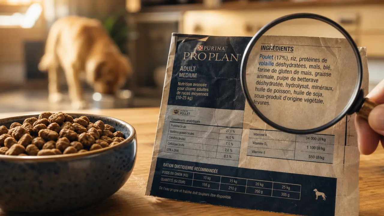 Bol de croquettes proplan chien : étiquette nutritionnelle et ingrédients