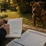 Distance et terrain pour formation comportement canin : éducateur canin et chien en extérieur
