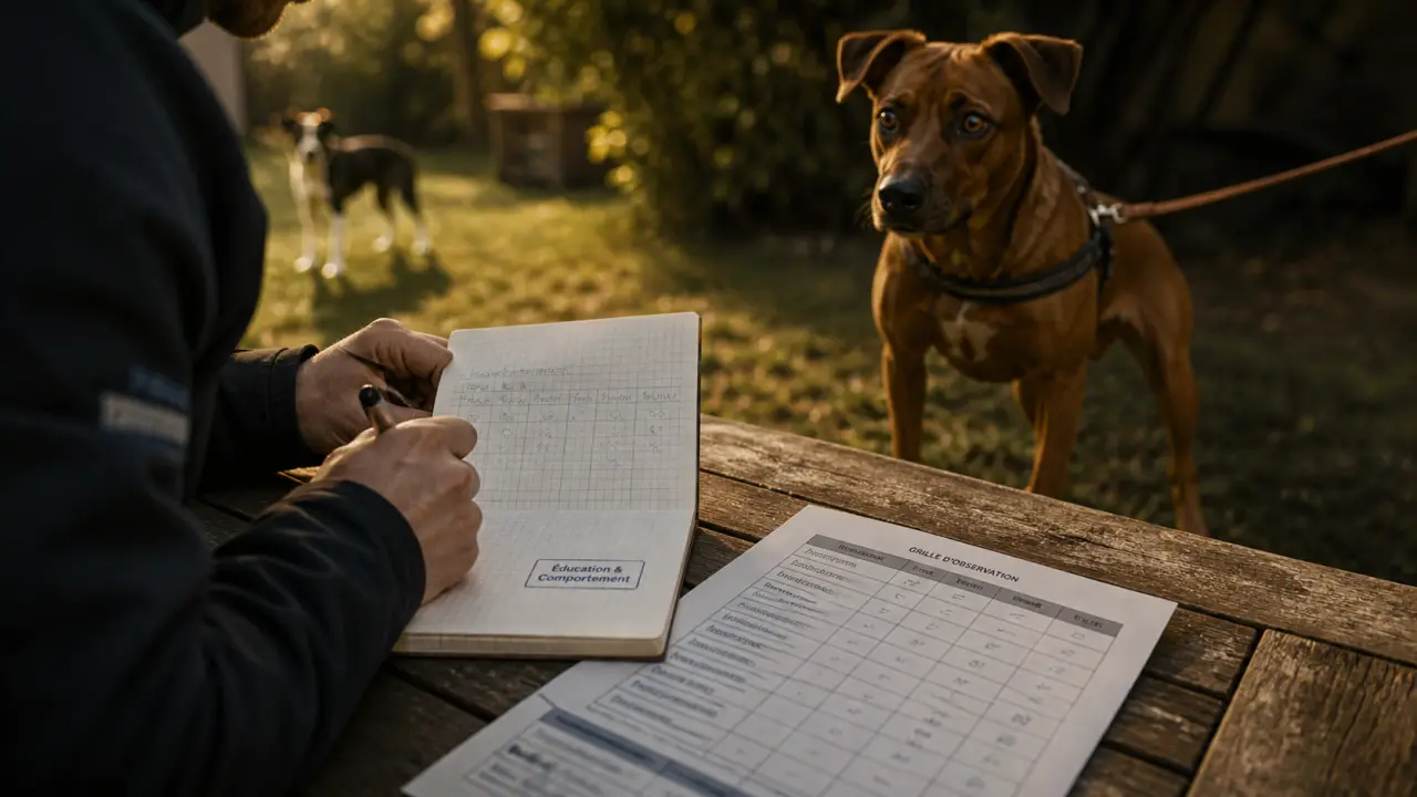 Distance et terrain pour formation comportement canin : éducateur canin et chien en extérieur