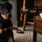 Doberman chiot noir et feu, yeux vifs, assis, éducation