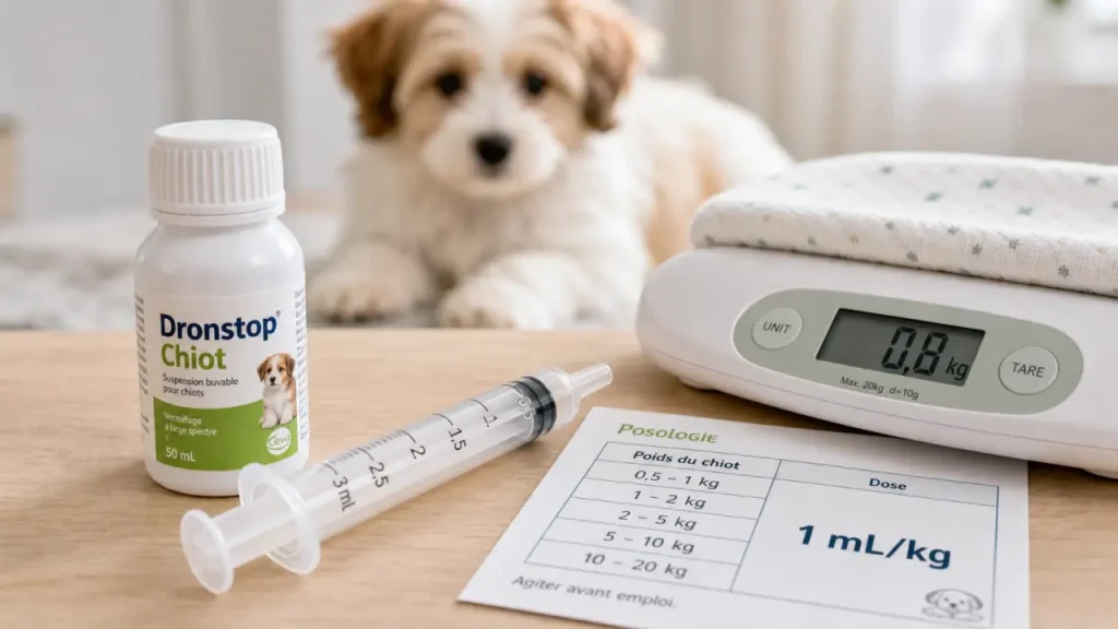 Dronstop Chiot : dose au poids, parasites ciblés et précautions avant administration