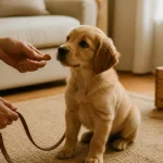 Éducation positive chien : chiot assis reçoit une friandise