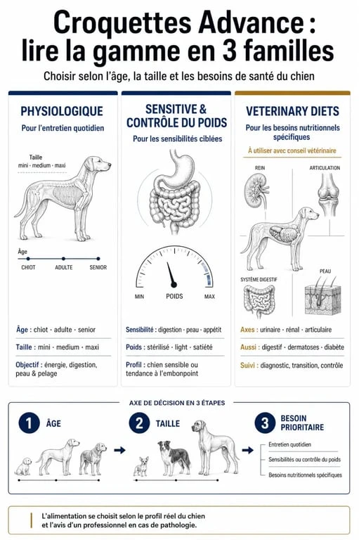 Infographie des croquettes pour chien Advance par âge, taille et besoins de santé