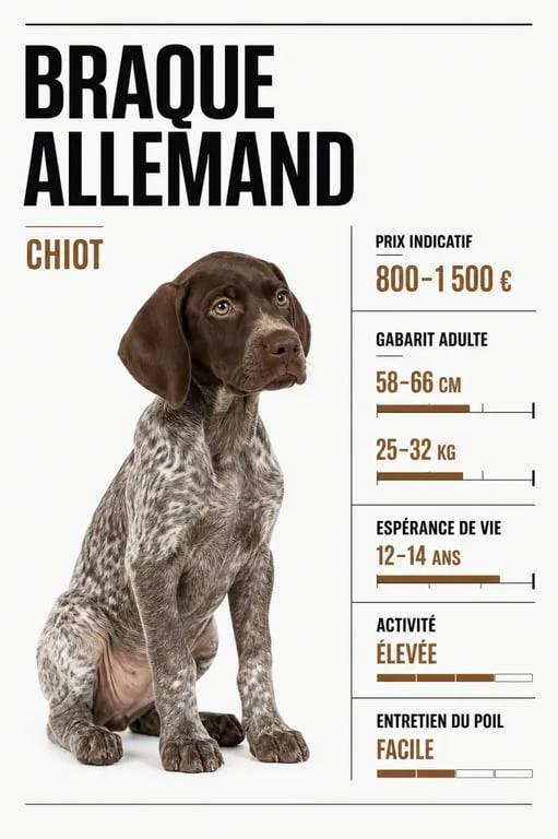 Braque allemand chiot illustré dans une mise en scène éditoriale avec repères sur prix, taille et besoins d’activité