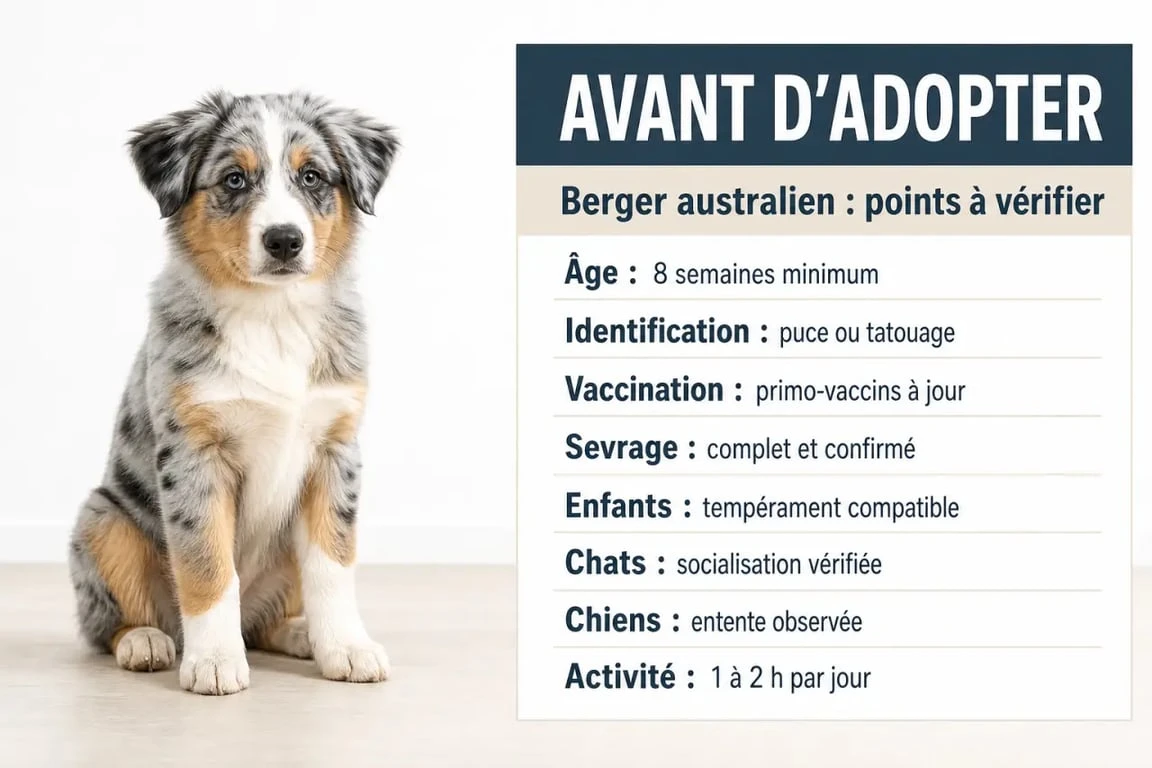 chiot berger australien à donner : infographie éditoriale sur les critères à vérifier avant adoption