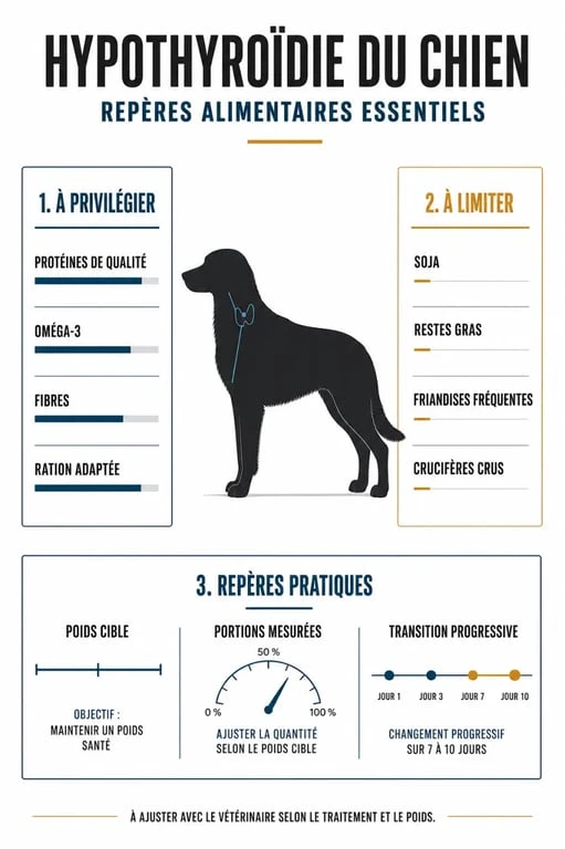 Infographie sur l’hypothyroïdie chien et alimentation : nutriments à privilégier et aliments à éviter