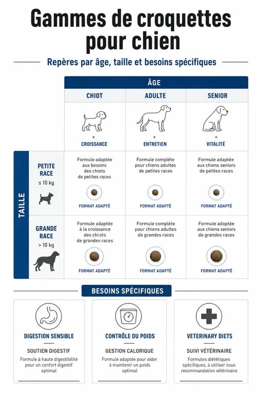 Infographie comparative des gammes eukanuba croquettes pour chien selon l’âge, la taille et les besoins spécifiques