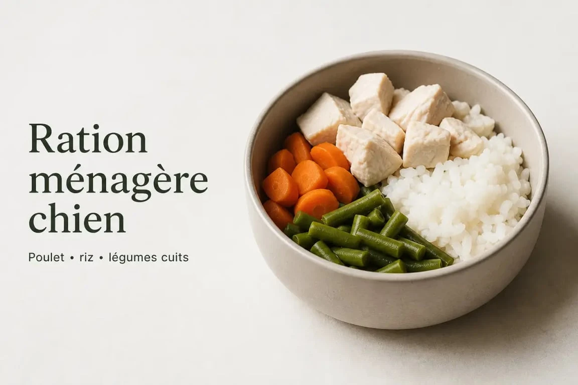Cuisine pour chien - 50 recettes santé : ration ménagère maison dans une gamelle avec poulet, riz et légumes