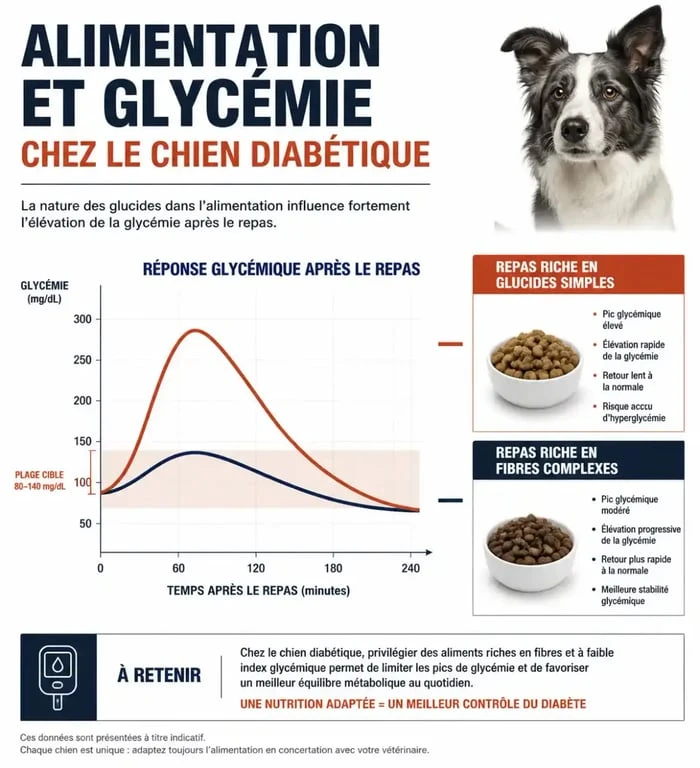 Infographie sur l'alimentation du chien diabétique : impact des fibres sur la glycémie