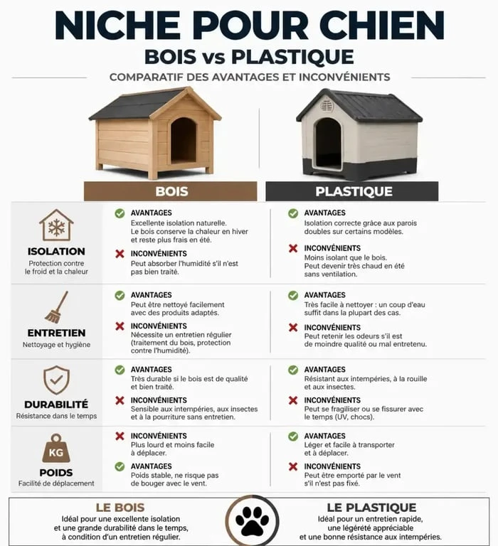 Infographie comparative des matériaux pour niche pour chien : bois contre plastique