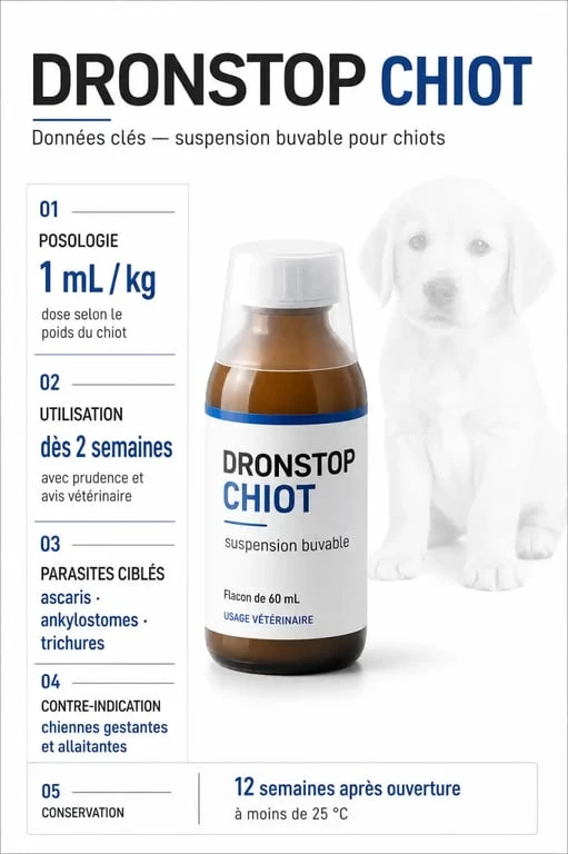Dronstop Chiot : synthèse visuelle de la posologie et des contre-indications