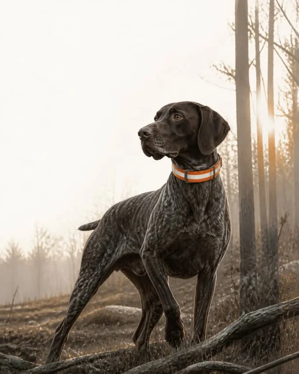 Collier chasse chien fluorescent porté par un chien de chasse dans un sous-bois