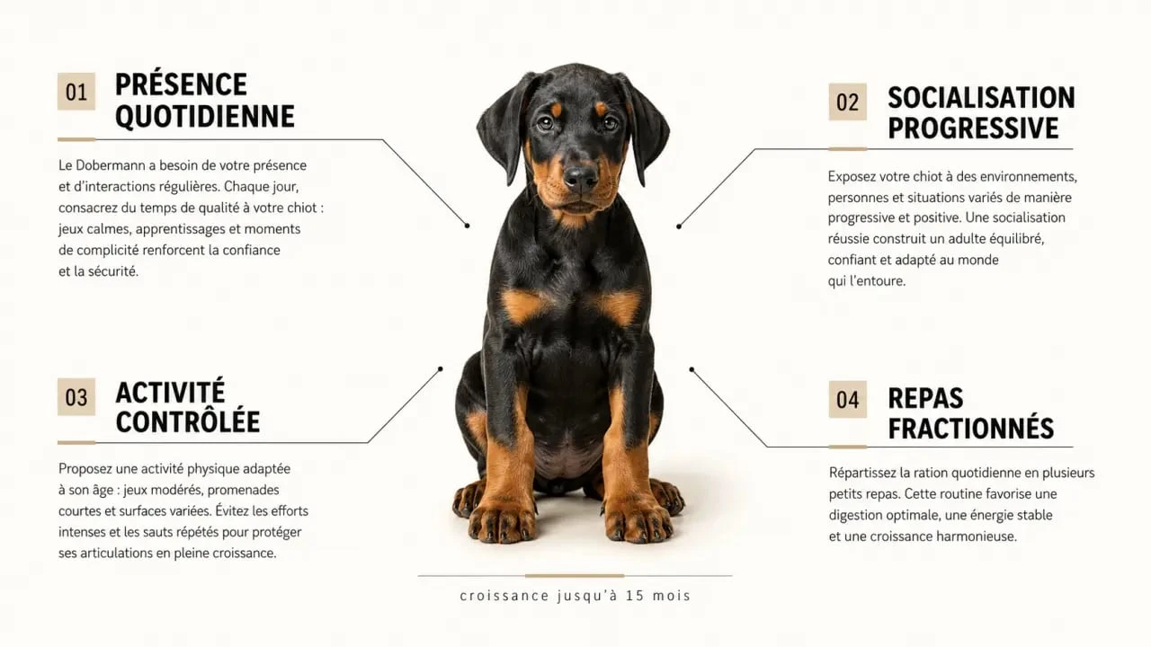Doberman chiot : besoins quotidiens, socialisation et croissance jusqu’à 15 mois