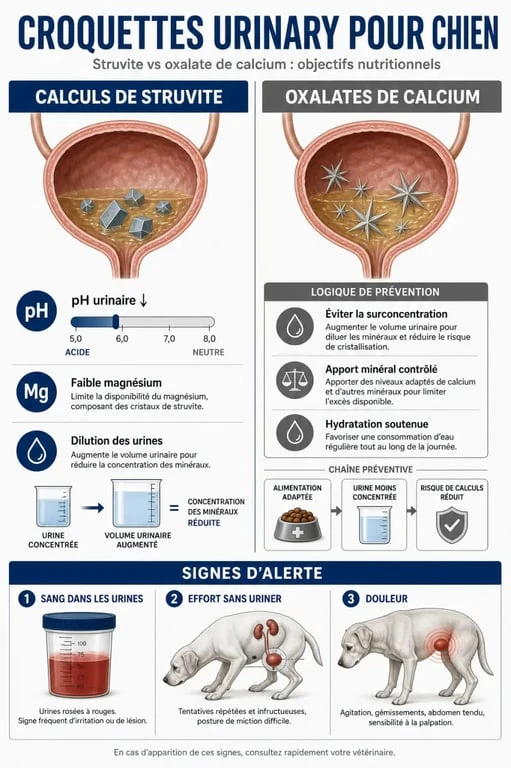 Croquettes urinary chien : schéma comparatif des troubles urinaires, des signes d’alerte et du rôle de l’alimentation
