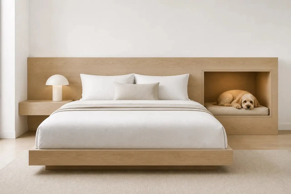 Lit avec niche pour chien dans une chambre moderne et épurée