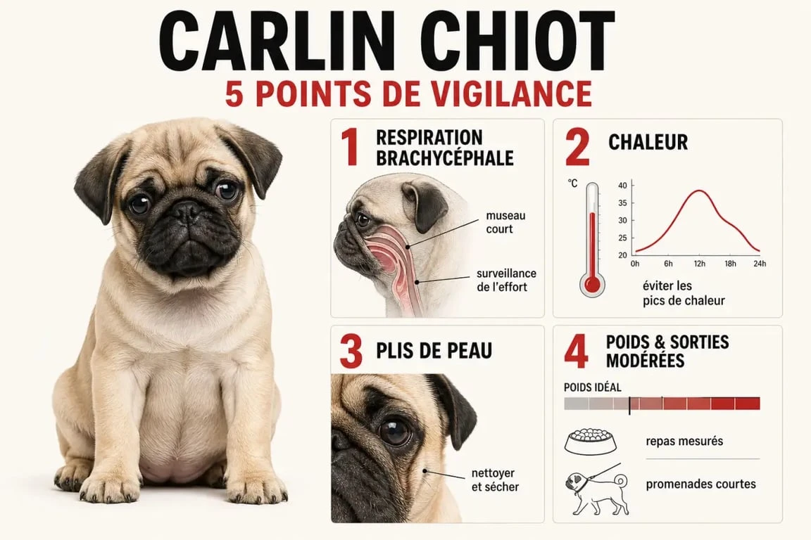 Carlin chiot : visuel sur la respiration, la chaleur, les plis de peau et le poids