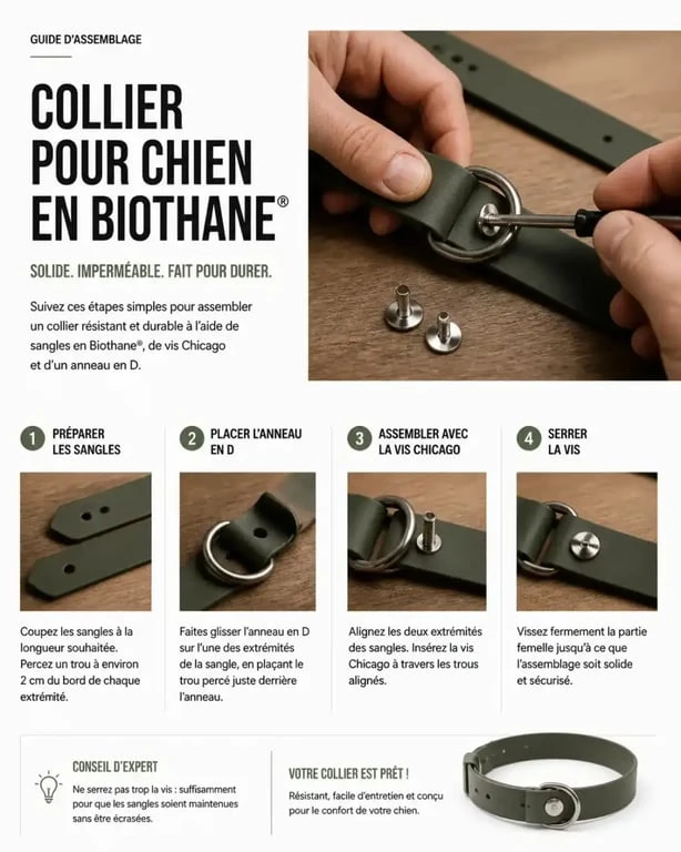 Montage d'un collier biothane chien avec vis Chicago et anneau en D sur un établi