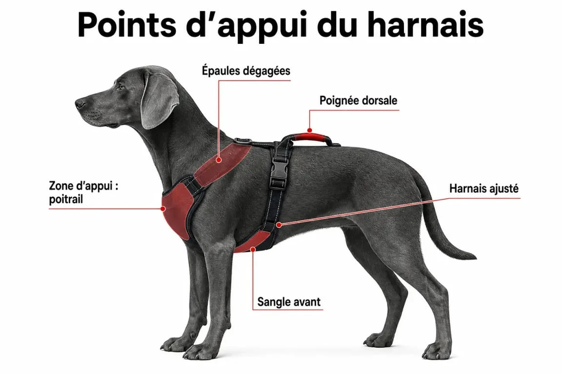 Harnais chien julius et points d’appui sur le corps du chien