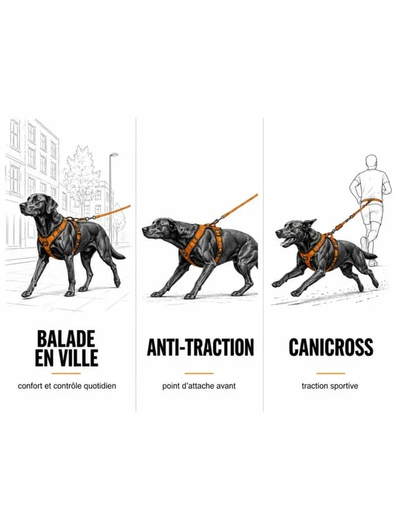 Harnais chien julius comparé par usage en ville, anti-traction et canicross